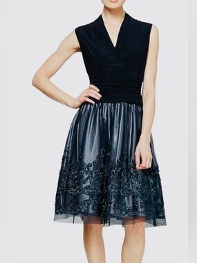 SLNY Navy/ silver Embroidered Floral Motif A-Line Sleeveless Tulle Dress Size 2